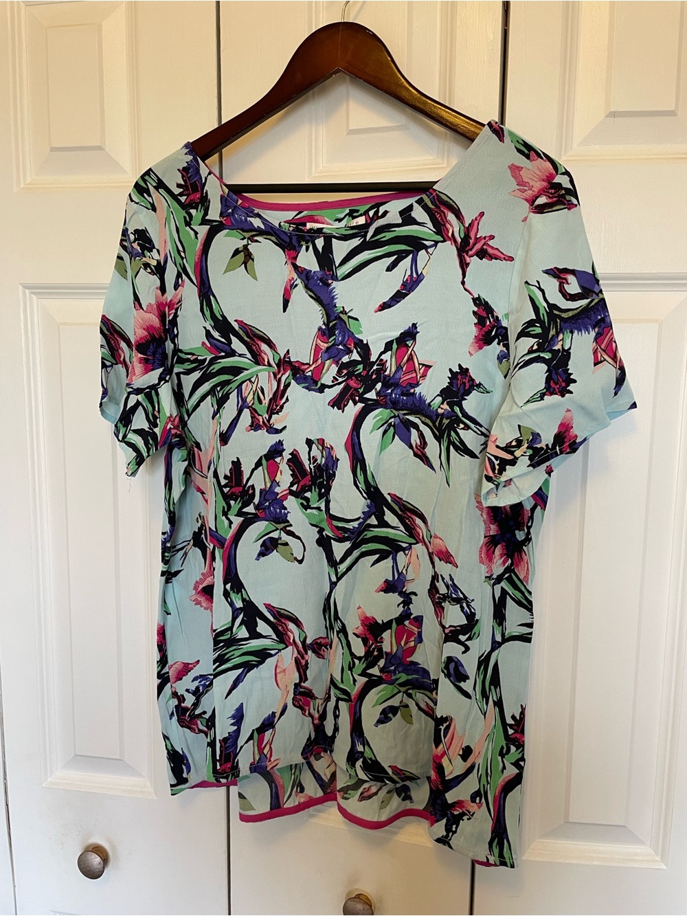 Violet & Claire Mint Floral Short Sleeve Blouse with Pink & Purple Accents